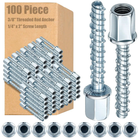 100 Piece Set 3/8 Inch Threaded Rod Anchors for Concrete and Steel, 1/4 Inch Diameter, 2 Inch Length, Zinc Finish Vertical Anchor Screws