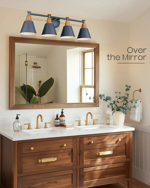 4 Light Bathroom Vanity Light Fixture With Hammered Metal Shade Finish In Dark Blue over mirror in bathroom.