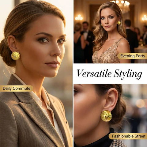 18K Gold Plated Hammered Dome Earrings For Women, Lightweight Hollow Half Ball Studs, Hypoallergenic And Anti Tarnish Texture Jewelry, Everyday Glam And Comfortable Wear, shown on model