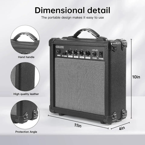 20 Watt Portable Electric Guitar Amplifier With Headphone Input And Gain Control For Quiet Practice Or Onstage Jams Includes Noise-Reduction Shielded Cable Compact Black, showing dimensions and leather texture.