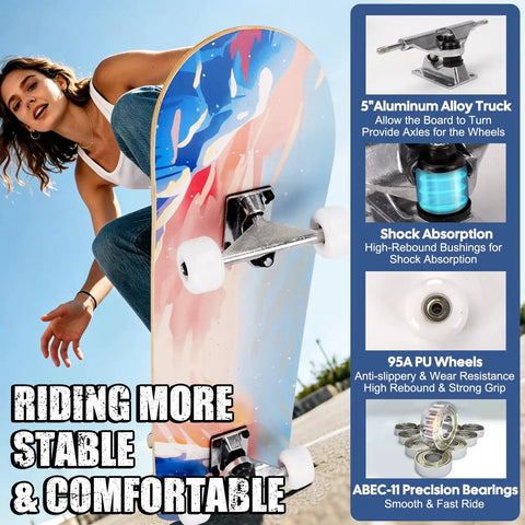 Beginner Friendly 31 Inch Pro Complete Longboard Skateboard Ocean Color with Canadian Maple Deck and Double Kick Concave
