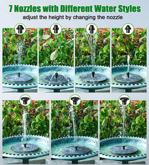 Solar Fountain Pump With Battery Power 4W Bird Bath Kit showing 7 nozzle water styles in garden