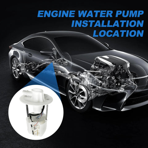 Diagram showing engine water pump installation location on car with inset view of Toyota Fuel Pump Module Assembly For 2005 2006 2007 2008 Corolla And Matrix 1.8L In Tank No Hassle Drop In Fuel Pump Replacement E8874M E3781M Top Notch OE Style Unit With Accurate Fit And Quick Install.