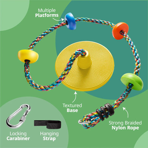 Kids Tree Swing With Disc Seat And Rainbow Climbing Rope Set Including Carabiner And 2.6 Foot Strap displayed on green backdrop.