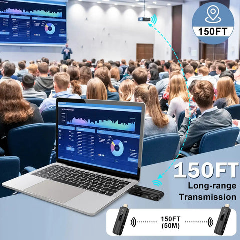 Wireless HD Transmitter And Receiver With 4K Decode 1080P Output shown in a conference room setup with laptop and display