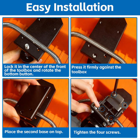 Installation steps of Front Caster Wheel Kit For Packout Tool Box In Steel Construction, showing hands assembling parts.