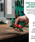 Heavy Duty 8 In 1 Wire Stripper And Voltage Tester With Beast Mode Crimping Pliers And Wire Twister in use, testing AC/DC circuits.