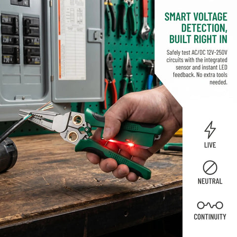 Heavy Duty 8 In 1 Wire Stripper And Voltage Tester With Beast Mode Crimping Pliers And Wire Twister in use, testing AC/DC circuits.