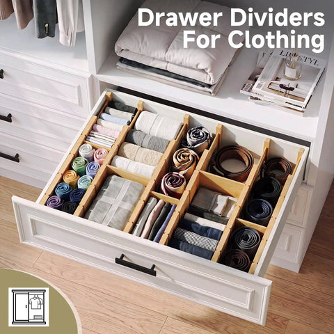 Hella Sturdy Bamboo Drawer Dividers Expandable Closet Organizers For Clothes Six Piece Dresser Sorter in a neatly organized drawer.