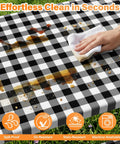 Six Foot Picnic Table Cover With Bench Covers Set All Weather Dual Layer Waterproof Tablecloth With Windproof Elastic Edging Includes Drawstring Bag Washable RV Camping Accessories 72x30 Inch Table Cover And 72x12 Inch Bench Covers Black Checkered, easy to clean surface demonstration.