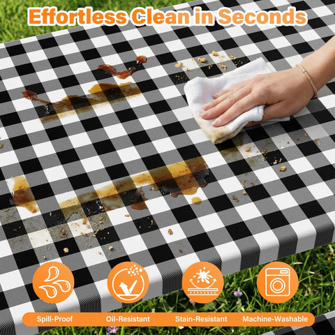 Six Foot Picnic Table Cover With Bench Covers Set All Weather Dual Layer Waterproof Tablecloth With Windproof Elastic Edging Includes Drawstring Bag Washable RV Camping Accessories 72x30 Inch Table Cover And 72x12 Inch Bench Covers Black Checkered, easy to clean surface demonstration.