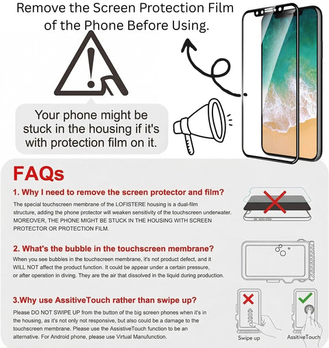 FAQ about using 5th Generation Diving Phone Case For iPhone 17 16 15 14 Pro Max And Galaxy S25 S24 S23 Ultra Waterproof Underwater Housing