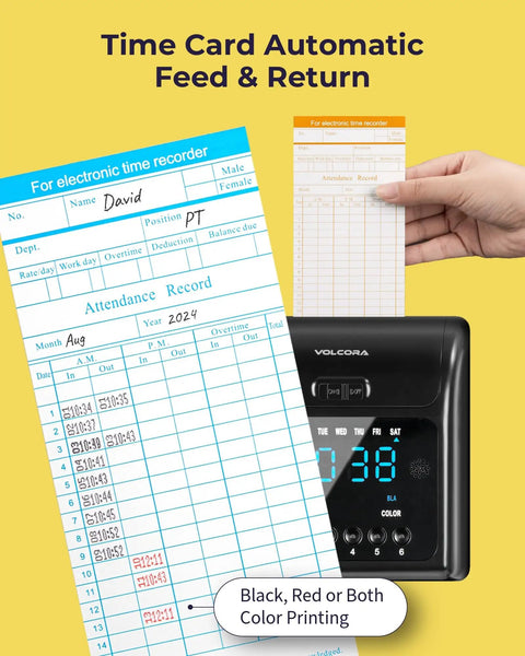 No Sweat Time Clock Machine With Fifty Heavy Duty Cards Plus Spare Ink Ribbon Wall Or Desk Mount showing time card and clock.