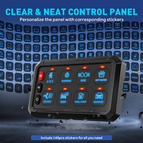 Beefed Up Eight Gang Switch Panel With Momentary On Off Touch Control for vehicles, shown with customizable stickers