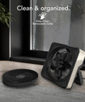 High Velocity Box Fan with Kick Stand, Digital Display, Removable Grille, Variable Speed Control shown in cool gray near window