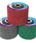 15-Piece Nylon Fiber Flap Disc Set For Angle Grinder, 4.5 By 0.875 Inch Buffing And Polishing Wheels, stacked in red, gray, and green colors