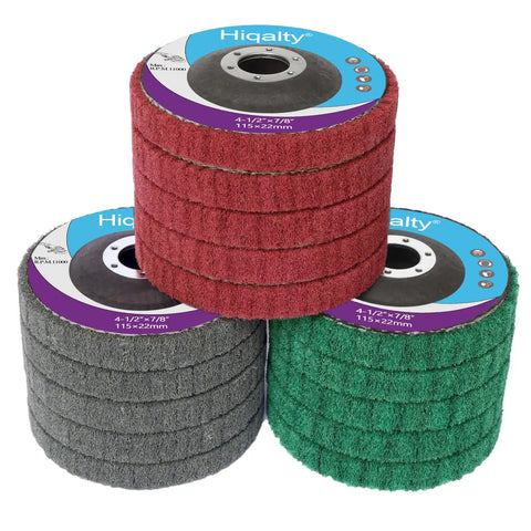 15-Piece Nylon Fiber Flap Disc Set For Angle Grinder, 4.5 By 0.875 Inch Buffing And Polishing Wheels, stacked in red, gray, and green colors
