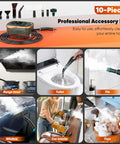 2500 Watt Handheld Steam Cleaner With One Point Eight Quart Tank And Ten Attachments For Grout Range Hood Tile Upholstery Car Detailing High Temp Cleaning Machine For Home Use with ten accessories and various cleaning applications.