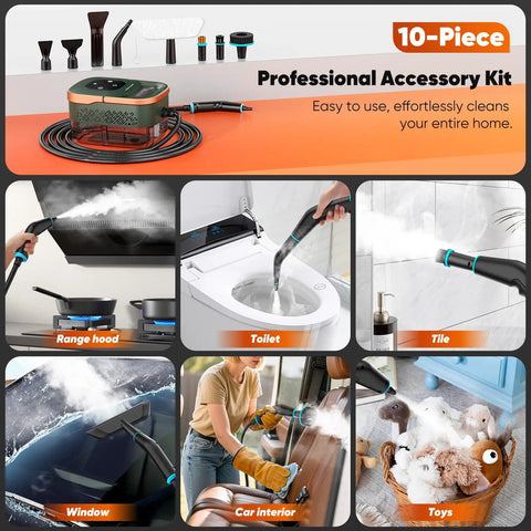 2500 Watt Handheld Steam Cleaner With One Point Eight Quart Tank And Ten Attachments For Grout Range Hood Tile Upholstery Car Detailing High Temp Cleaning Machine For Home Use with ten accessories and various cleaning applications.