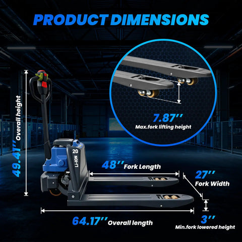 Heavy Duty 4400 Lb Motorized Electric Pallet Jack Truck With Quick Swap Battery, Fast Charge, And Compact Turning Radius dimensions graphic showing height, fork length, and width.