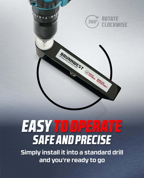 BRUNNWEST adjustable sheet metal hole cutter, side view with 4 extra bits mounted to drill
