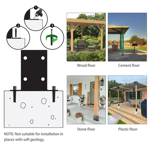 4x4 Post Base Bracket Set For Wood Posts 3.6x3.6 Inch Inner Size, installation on wood, cement, stone, plastic floors, diagram