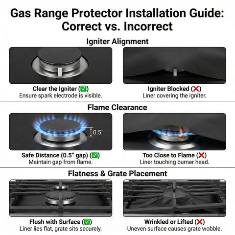 Installation guide showing correct vs incorrect use of 36 Inch Gas Range Protectors For GE Ranges heat resistant stove top covers.