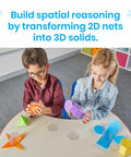 Children using Foldable 3D Geometry Shapes Set for Classrooms, Hands On Geometry Manipulatives for Teaching Shapes at table.