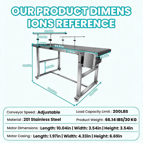 Heavy Duty Workhorse Electric Conveyor Belt With Hassle Free Adjustable Speed And Anti Static PvC Track Rolling Smooth On A Beefy Stainless Steel Base For Worry Free Daily Shipping Grind dimensions reference image showing adjustable speed and 200LB load capacity.
