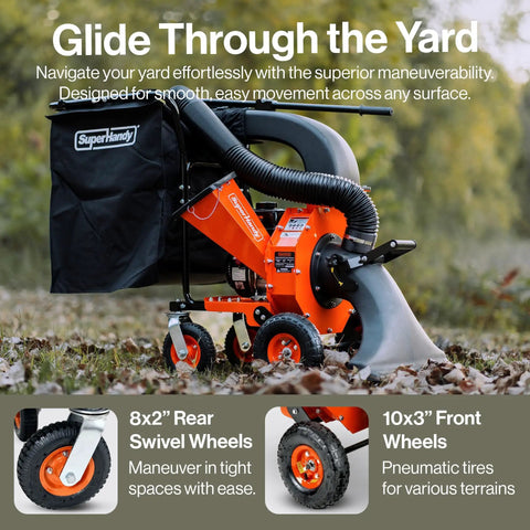 Gas Powered Leaf Vacuum And Wood Chipper Combo With 7HP 209cc Engine on grass; features 8x2" rear swivel wheels and 10x3" front wheels.