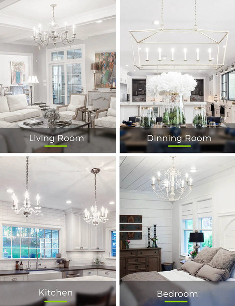 E12 LED Candelabra Bulbs 60 Watt Equivalent for Chandeliers B10 in living, dining, kitchen, and bedroom settings