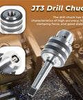 Heavy Duty JT3 Drill Chuck With MT2 Arbor Fit For Mini Metal Lathe Tailstock And CNC Mill 1/32 To 5/8 Inch Clamping Range, showing precision design.