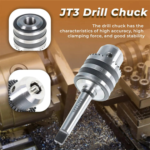 Heavy Duty JT3 Drill Chuck With MT2 Arbor Fit For Mini Metal Lathe Tailstock And CNC Mill 1/32 To 5/8 Inch Clamping Range, showing precision design.