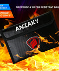 Fireproof and water-resistant black money bag with ANZAKY logo, shown surrounded by flames, part of Book Safe Dictionary Diversion With Combination Lock And Fireproof Money Bag Hidden Storage For Cash And Valuables Portable Metal Compartment Safe That Looks Like A Real Book.