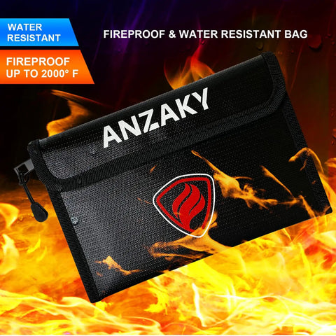Fireproof and water-resistant black money bag with ANZAKY logo, shown surrounded by flames, part of Book Safe Dictionary Diversion With Combination Lock And Fireproof Money Bag Hidden Storage For Cash And Valuables Portable Metal Compartment Safe That Looks Like A Real Book.