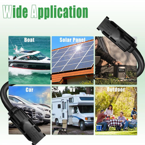 Twin Wire Solar Extension Cable 60 Feet 10AWG for boat, solar panel, car, RV, and outdoor setups with connectors visible
