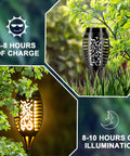 Outdoor Solar Torch Lights 6 Pack With Realistic Flickering Flame Effect, showing torch in daytime and glowing at night.