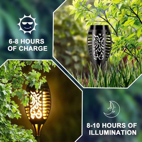 Outdoor Solar Torch Lights 6 Pack With Realistic Flickering Flame Effect, showing torch in daytime and glowing at night.