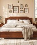 King Size Wooden Bed Frame With Cozy Upholstered Headboard And Rock Solid Thick Wood Slat Support For Legit Bedroom Vibes And Reliable Comfort All Night Long in a cozy bedroom setting.