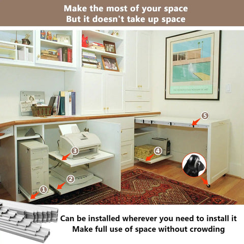 Top Shelf Heavy Duty Aluminum Telescopic Table Extension Slides Built Tough With Silent Glide Motion Perfect For Kitchen Countertops And Dining Tables Silver Sixty Four Inch Length Easy Setup in functional office setting with printer and PC.