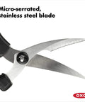 Spring Loaded Poultry Shears Workhorse Heavy Duty Kitchen Shears With Ergonomic Good Grips Safe Lock Curved Blades For Hard To Reach Places And Bone Notch For Stable Cutting Black, stainless steel blade close-up