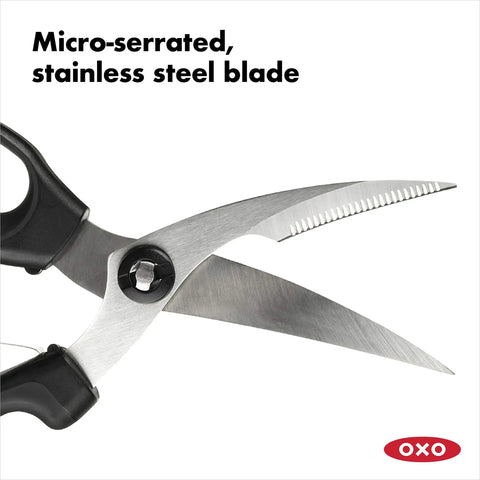 Spring Loaded Poultry Shears Workhorse Heavy Duty Kitchen Shears With Ergonomic Good Grips Safe Lock Curved Blades For Hard To Reach Places And Bone Notch For Stable Cutting Black, stainless steel blade close-up