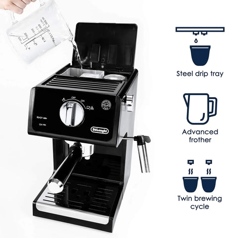 Straight Fire 15 Bar Espresso Machine With Adjustable Steam Wand And Manual Frothing System For Rich Lattes And Quick Shots In Sleek Stainless Steel Finish, featuring water filling and advanced frothing.