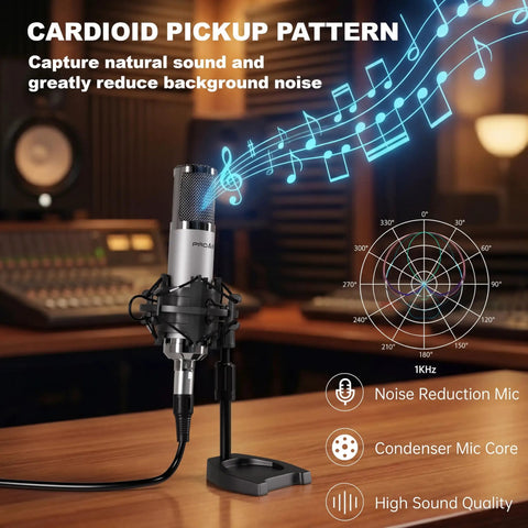 Cardioid XLR Condenser Studio Microphone for Podcasting and Streaming with Desktop Stand displayed in a studio setting