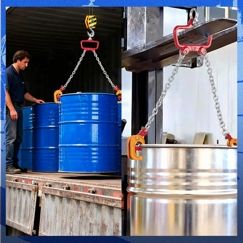 55 Gallon Drum Lift with chain hoist and orange hooks lifting blue steel drums and a silver drum