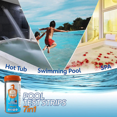 Premium 7 In 1 Pool And Hot Tub Test Strips For Crystal Clear Water Chlorine Bromine PH Alkalinity Fast Results Spa Kit No Guesswork Testing System in different water settings.