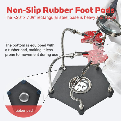Soldering Station Kit With Helping Hands, 4 Adjustable Arms, Magnifying Glass, and Third Hand Tool showing non-slip rubber base.