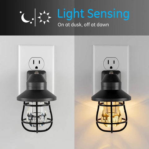 Vintage Style LED Night Light 4 Pack, Plug In Dusk To Dawn Sensor, Farmhouse Mood Lighting, Black Finish, light and unlit view