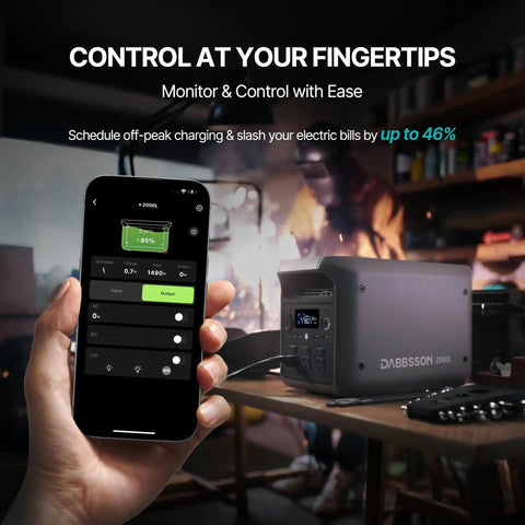 Person using smartphone app to monitor 2048Wh Portable Power Station Powerhouse With Safe LiFePO4 Battery 3300W Peak Boost indoors