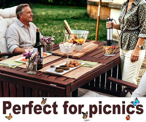 Heavy Duty Handheld Immersion Blender Featuring A Badass 1100 Watt Motor and Zero Fuss Variable Speed Control for use at outdoor picnic table with food.